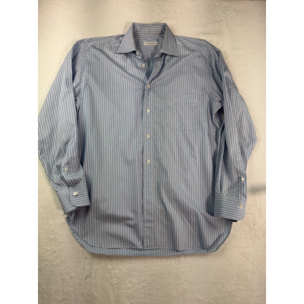 Ermenegildo Zegna Mens Blue White Striped Cotton Dress Shirt Comfort Fit 16 41